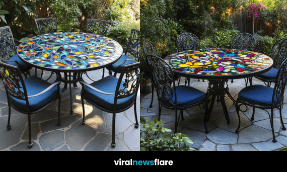 Colourful stained glass outdoor dining set in a lush green garden.