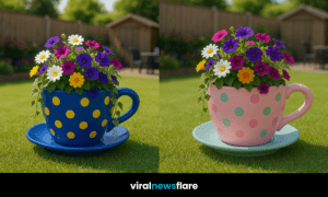 Teacup flower planter with white polka dots and colourful flowers on a lawn