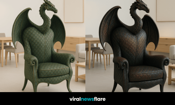 A collection of dragon-shaped armchairs in various colours including black, bronze, teal, and emerald in a modern home setting.