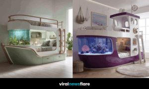 Side-by-side nautical-themed bunk beds, one in mint green with a built-in aquarium and the other in purple with a large curved aquarium.