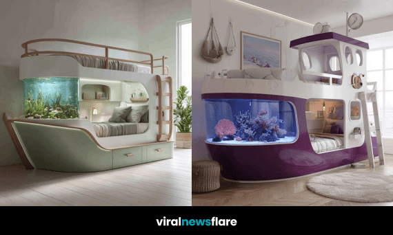 Side-by-side nautical-themed bunk beds, one in mint green with a built-in aquarium and the other in purple with a large curved aquarium.