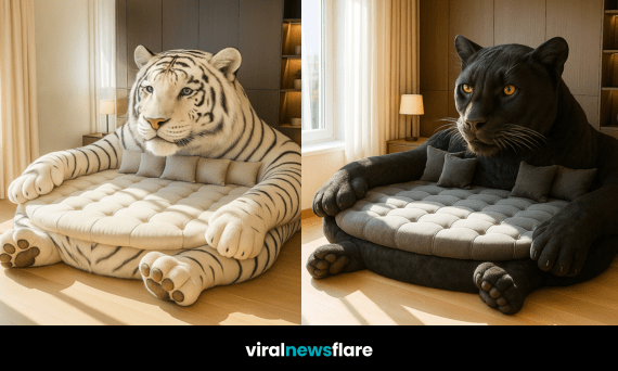Collection of animal-shaped beds including lion, white tiger, black panther, and Bengal tiger designs in modern bedrooms.