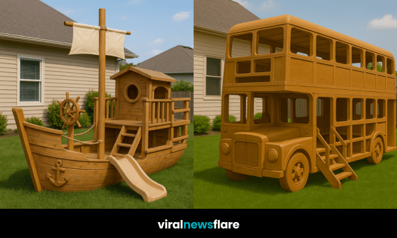 Wooden pirate ship, double-decker bus, and steam train playhouses in a sunny garden.