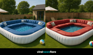 inflatable sofa pool with white base in a suburban garden setting.