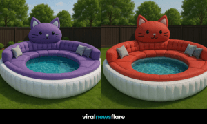 Giant cat-shaped inflatable sofa pool with plush seating and a central paddling pool in a suburban garden.