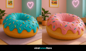 Cosy donut-shaped bean bag chair with frosting and colourful sprinkles in a bright, playful room.