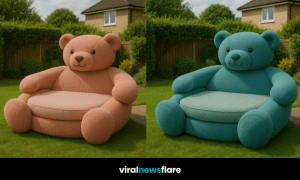 Oversized teddy bear daybed in a bright suburban garden, ideal for whimsical outdoor seating.