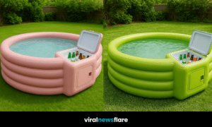 Inflatable paddling pool with built-in drinks cooler set in a sunny garden.