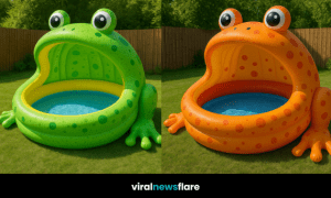 Inflatable frog-shaped paddling pool set in a sunny British suburban garden.