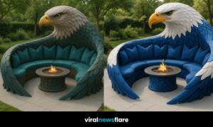 Eagle-shaped brown garden seating with fire pit cushions in a lush garden setting.