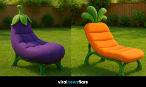 A collection of whimsical vegetable garden chairs including aubergine, pea pod, sweetcorn, and carrot designs in a sunny garden setting.