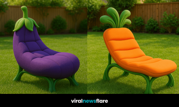 A collection of whimsical vegetable garden chairs including aubergine, pea pod, sweetcorn, and carrot designs in a sunny garden setting.