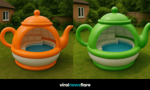 Teapot-shaped inflatable paddling pool with cushioned seating in a green garden