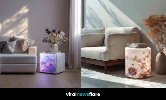 Stylish illuminated floral side table with soft glowing light next to a modern white sofa in a bright living room.