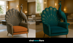 A collection of four peacock-inspired armchairs in orange, grey, teal, and pink with sculpted peacock designs.