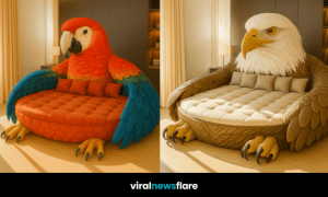 Collection of bird-shaped novelty sofas featuring parrot, owl, peacock, and eagle designs in a modern living room.