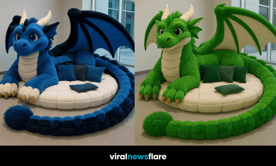 Majestic dragon-shaped sofas in blue, red, green, and purple, featuring plush seating and fantasy designs.