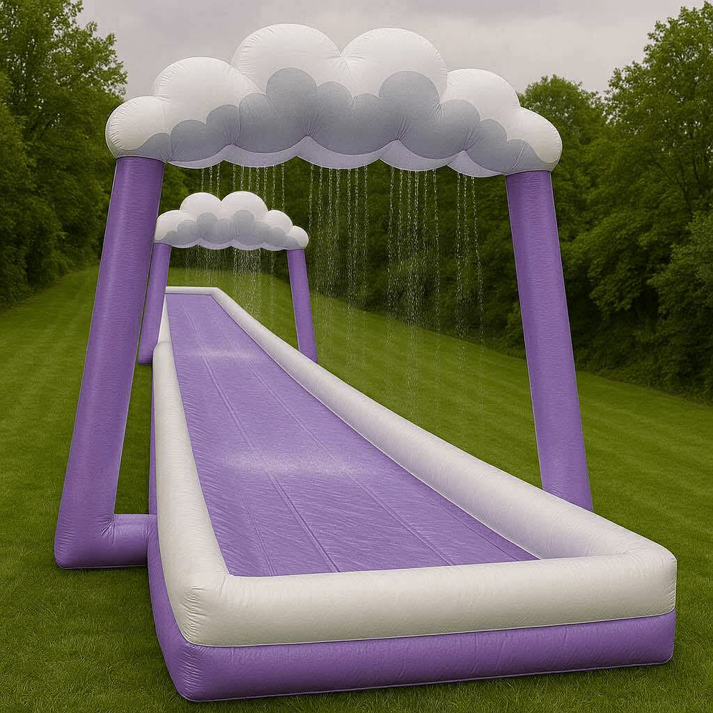 Dreamy purple and white water slide with raining cloud-shaped arches on a lawn