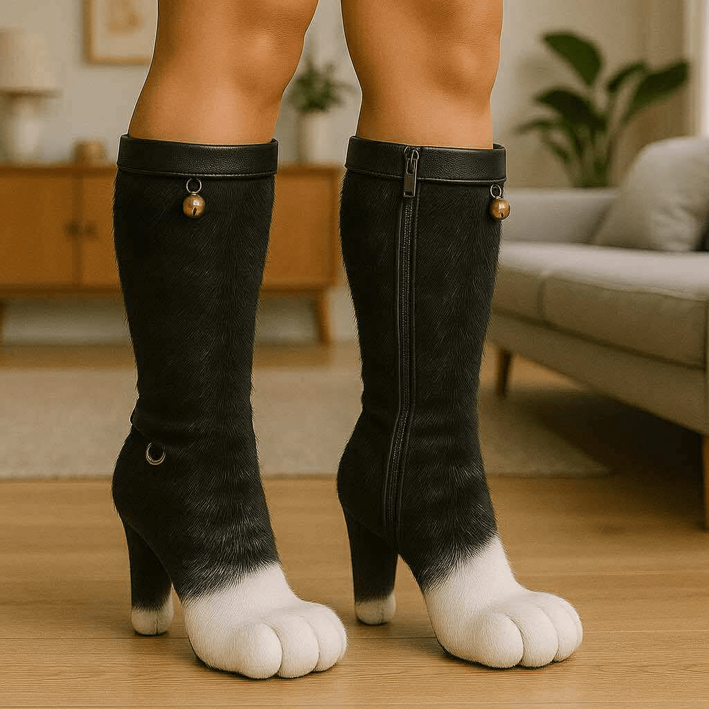 Black and white tuxedo cat paw boots with white paws and golden bell accents, worn indoors.