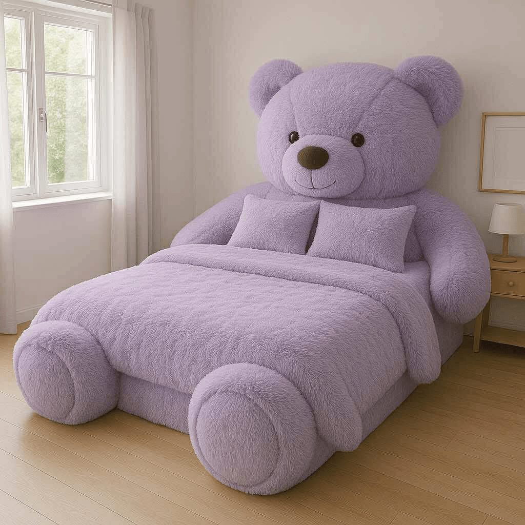 A giant lavender teddy bear-shaped bed in a bright modern bedroom with wooden flooring and curtains.