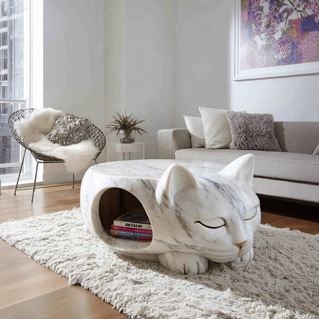 Carved white marble coffee table in the shape of a sleeping cat with built-in shelf in a bright living space