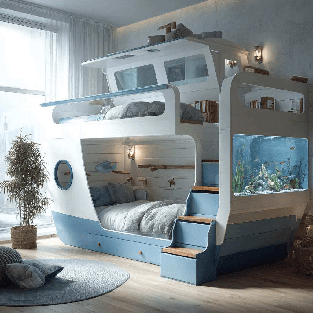 Coastal-style bunk bed in white and light blue with steps and a large built-in aquarium.