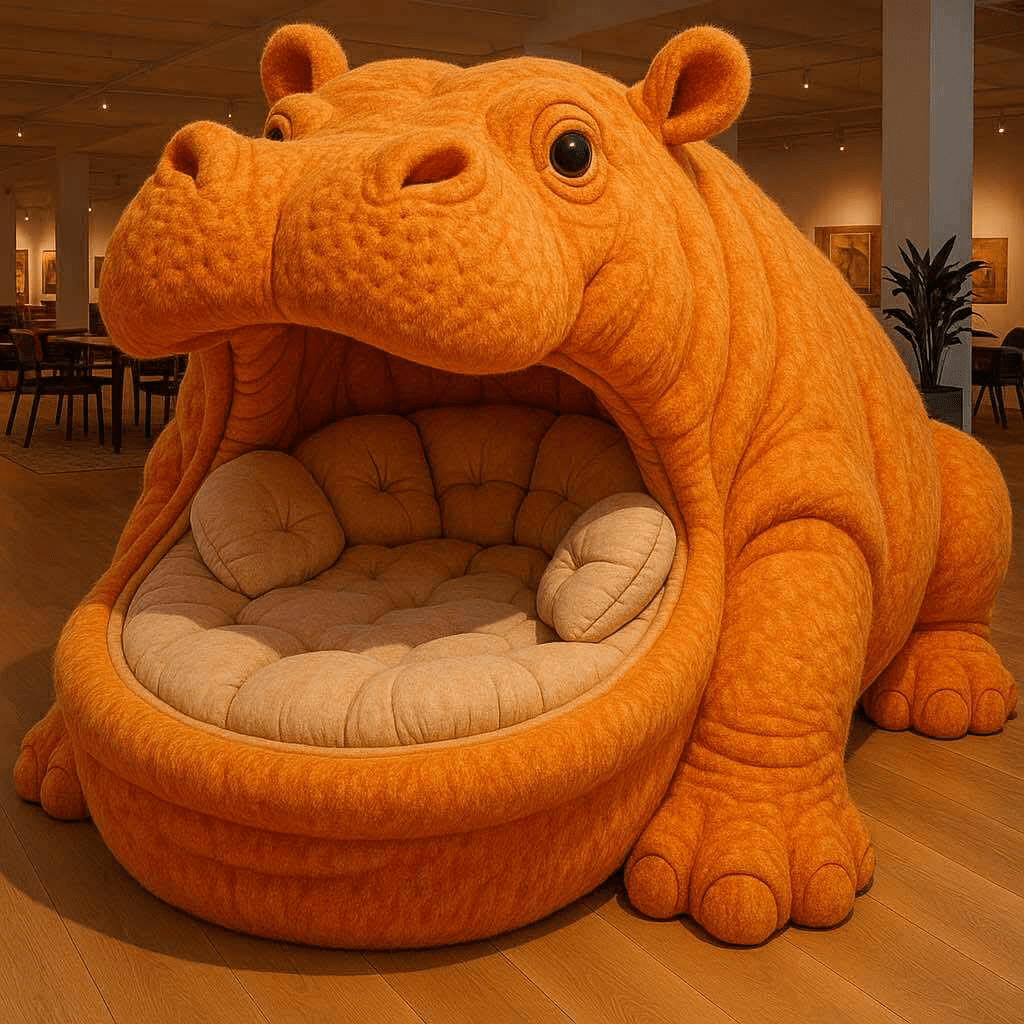 Bright orange oversized hippo-shaped daybed with soft beige cushions