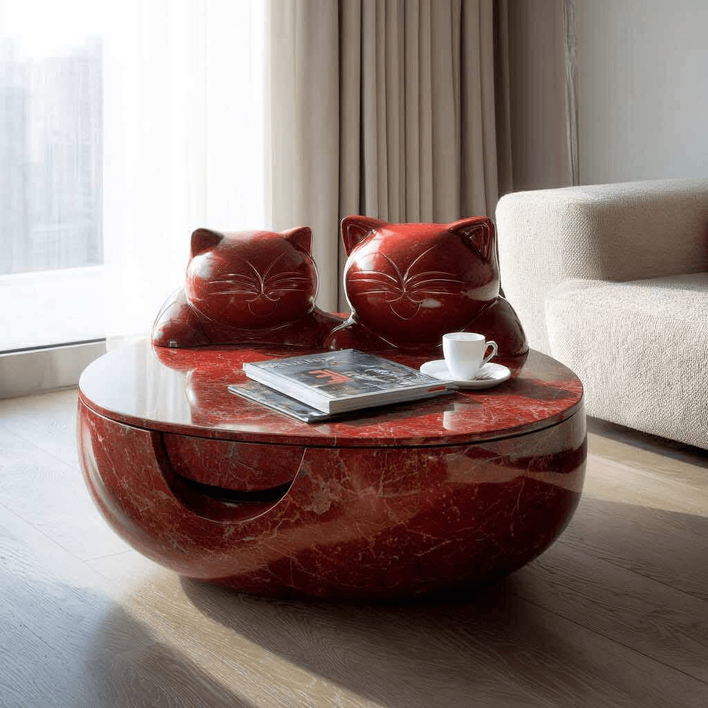 Sculptural red marble coffee table with twin cat heads in a minimalist living room setting