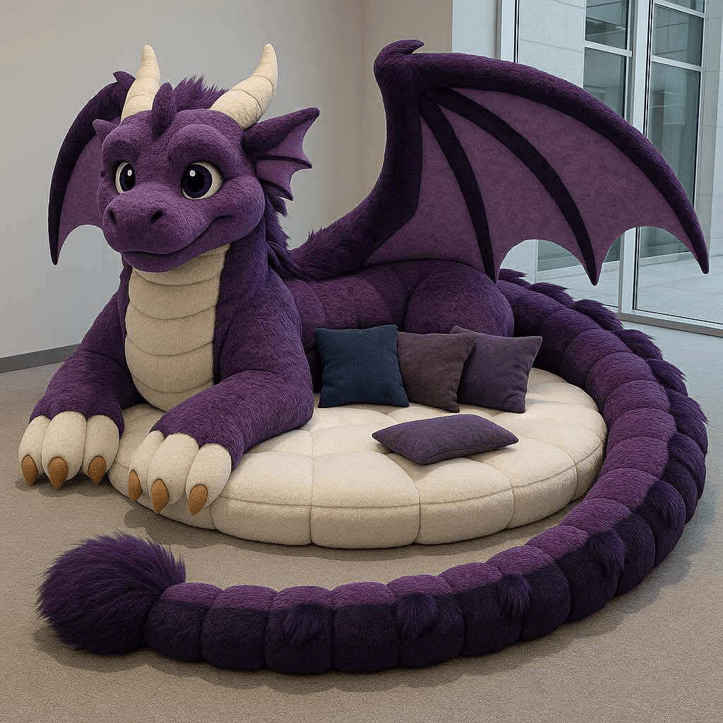 Large purple dragon-shaped sofa with circular cushioned seating and matching purple pillows.