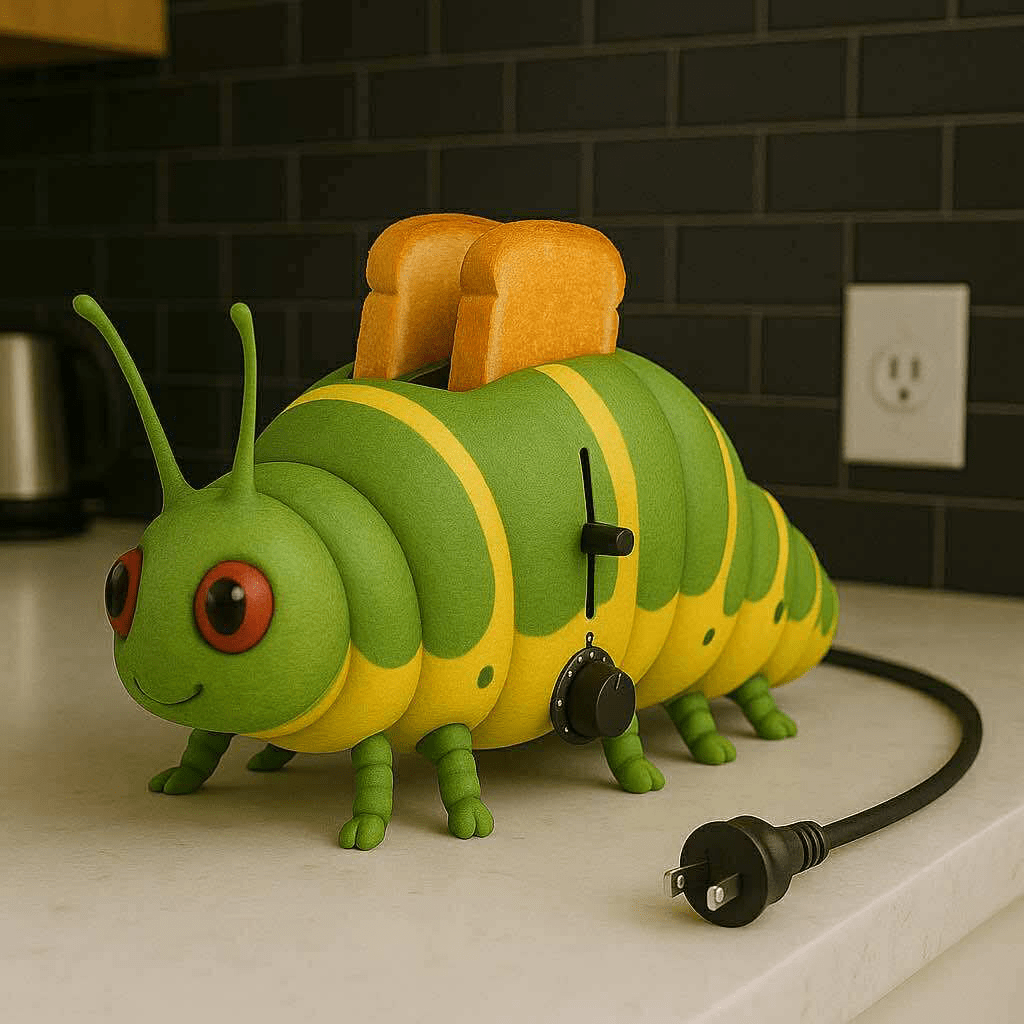 Bright green and yellow caterpillar toaster with slices of toast on a kitchen counter