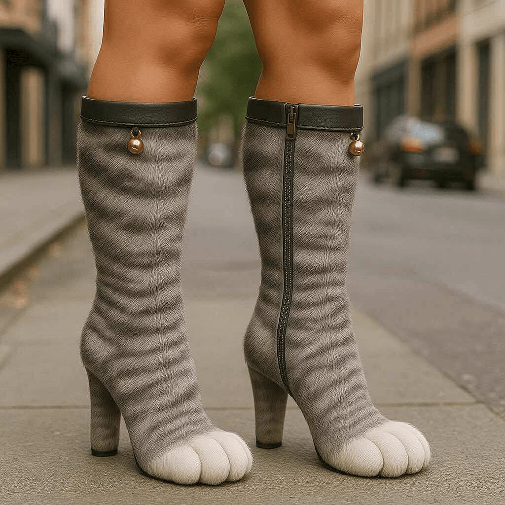 Knee-high grey tabby cat paw boots with realistic fur and a dangling bell, worn outdoors.