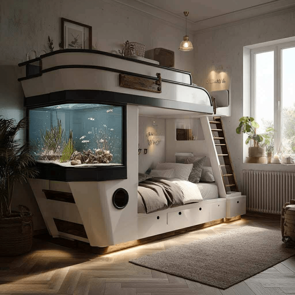 Modern black and white boat-shaped bunk bed with built-in corner aquarium in a cosy bedroom setting.