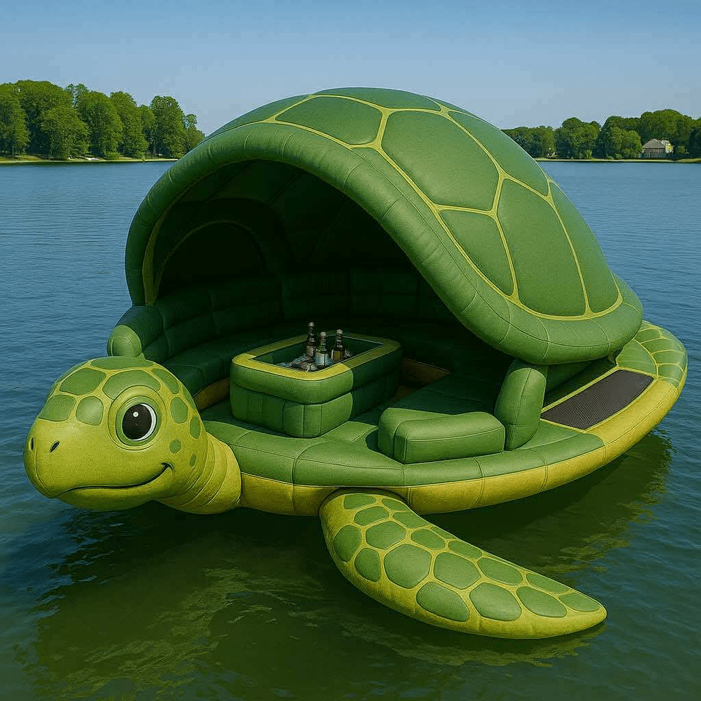 Oversized green turtle inflatable floating bar with shaded canopy and drinks table on a lake