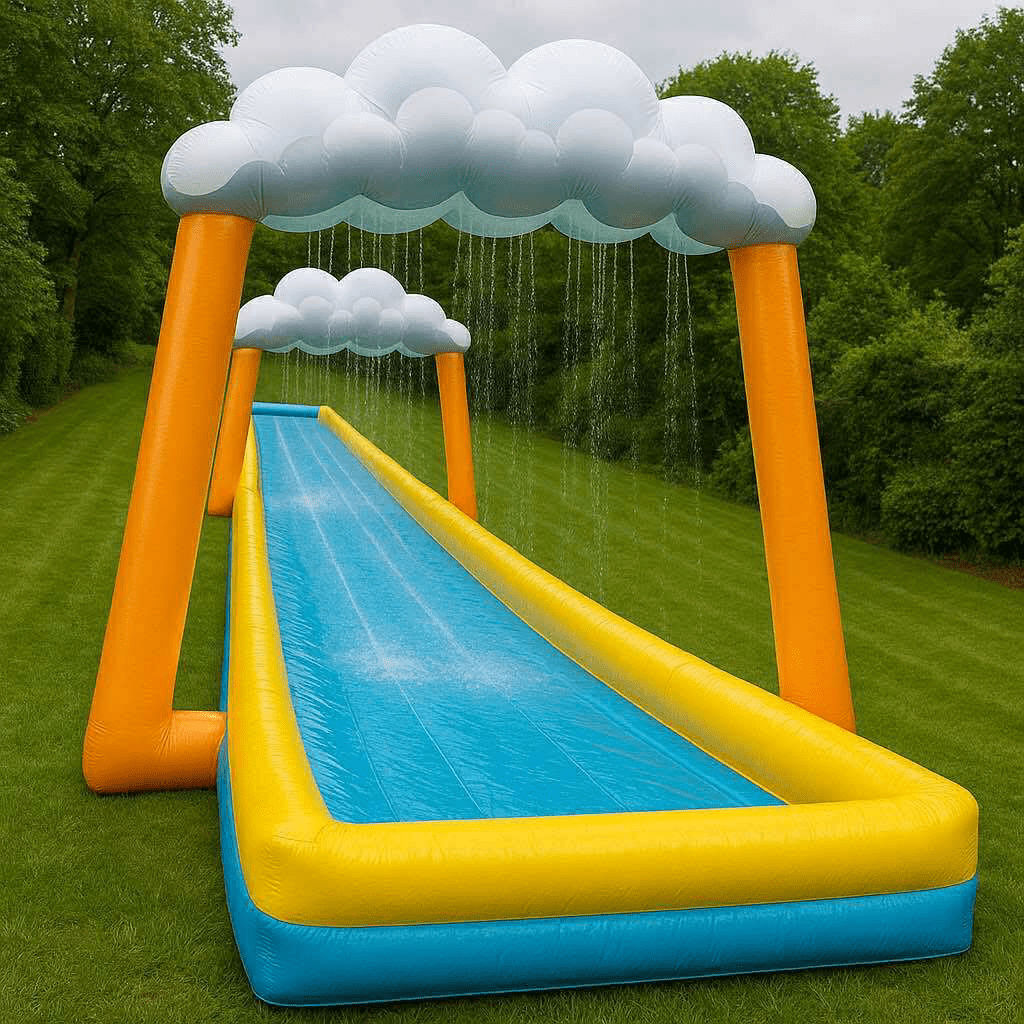 Vibrant yellow and blue cloud tunnel inflatable water slide set up on green grass