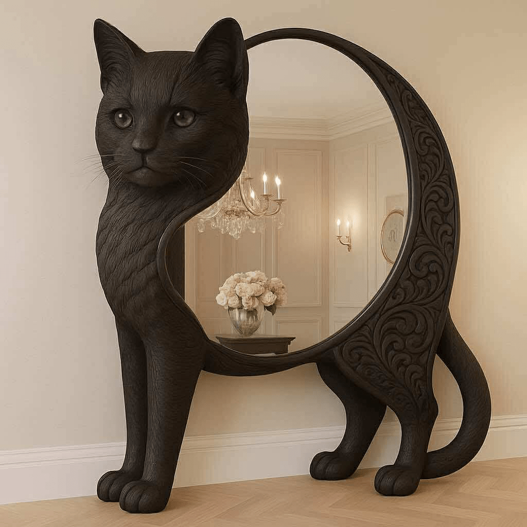 Freestanding black cat-shaped mirror with intricate carvings in an elegant interior setting