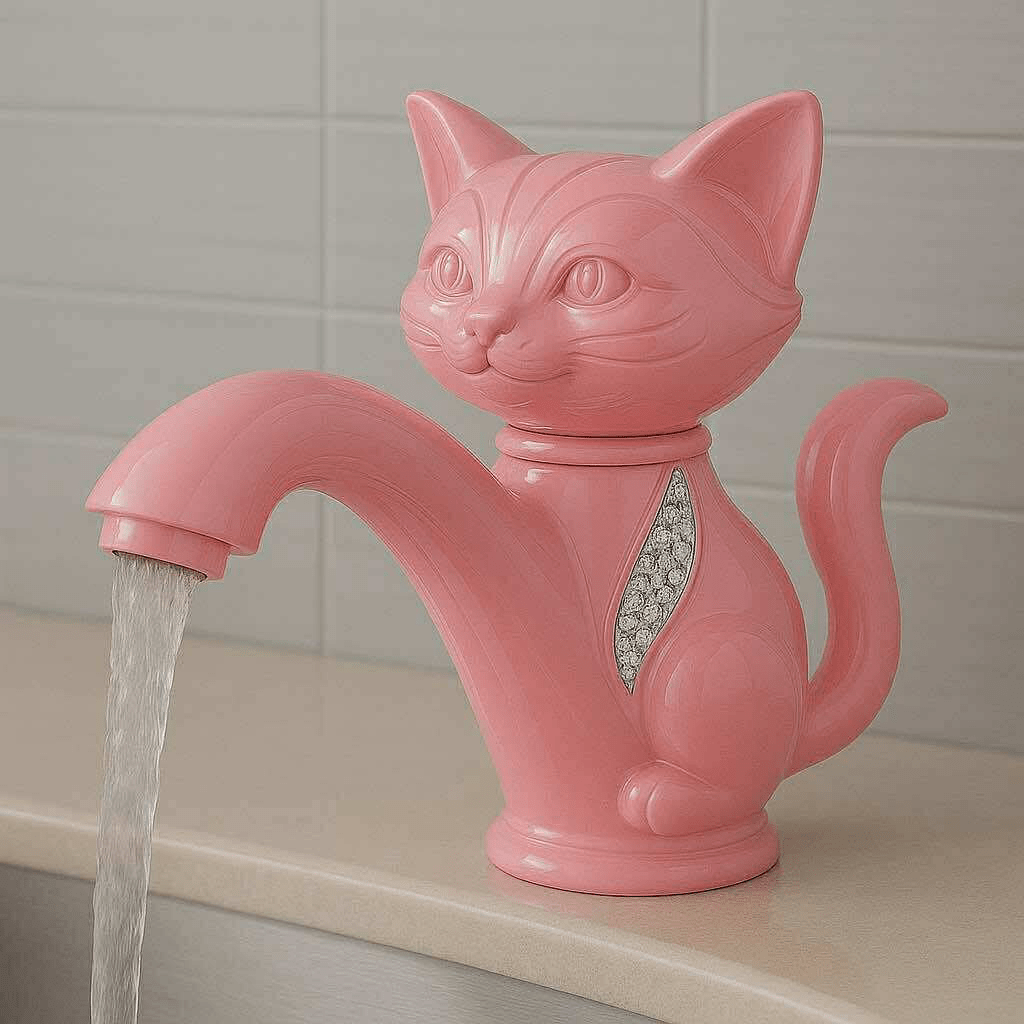  Glossy pink cat-shaped tap with sparkling chest detail and flowing water