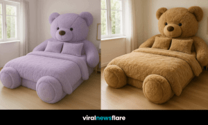 A collage of four oversized teddy bear-shaped beds in lavender, honey brown, blush pink, and sky blue.