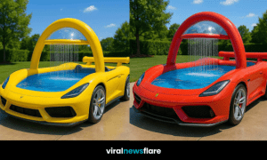 A selection of inflatable sports car-shaped paddling pools in red, purple, pink, and yellow, each with an overhead water sprayer.