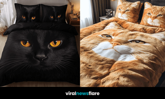 Assortment of realistic cat-themed duvet sets including ginger, tuxedo, Persian, and black cat designs on cosy beds.