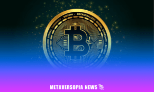 Digital Bitcoin logo glowing against a dark background with Metaversopia News branding in pink and blue gradient