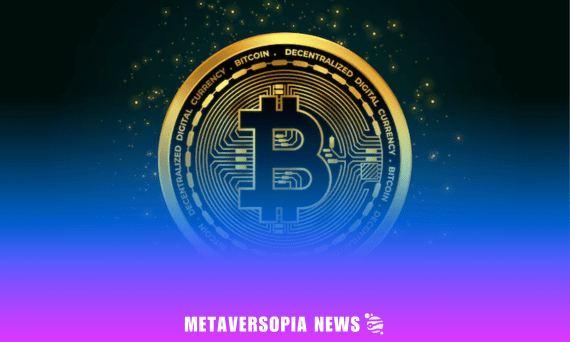 Digital Bitcoin logo glowing against a dark background with Metaversopia News branding in pink and blue gradient