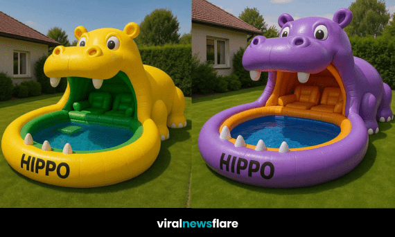 Collection of colourful inflatable hippo-shaped paddling pools on green lawns