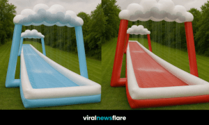 Assortment of colourful cloud tunnel inflatable water slides displayed on a grassy field