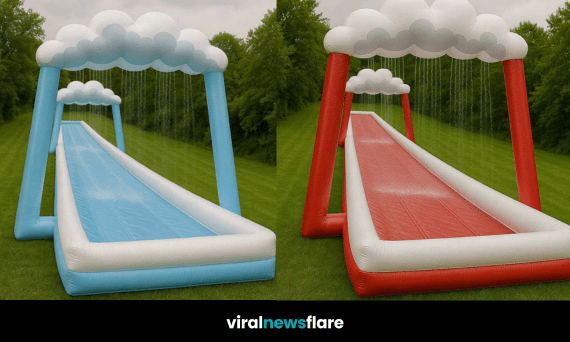 Assortment of colourful cloud tunnel inflatable water slides displayed on a grassy field