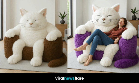 Woman lounging in a giant cat-shaped armchair in a modern living room