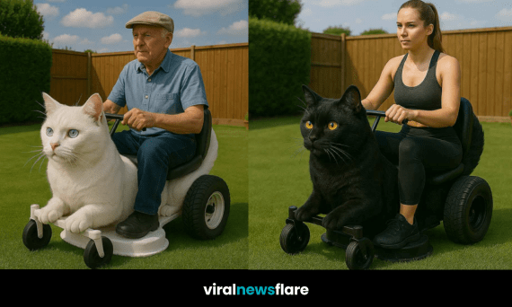 Group of people riding colourful cat-shaped lawn mowers on garden lawns