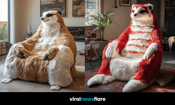A giant meerkat-shaped armchair placed in a cosy, sunlit living room