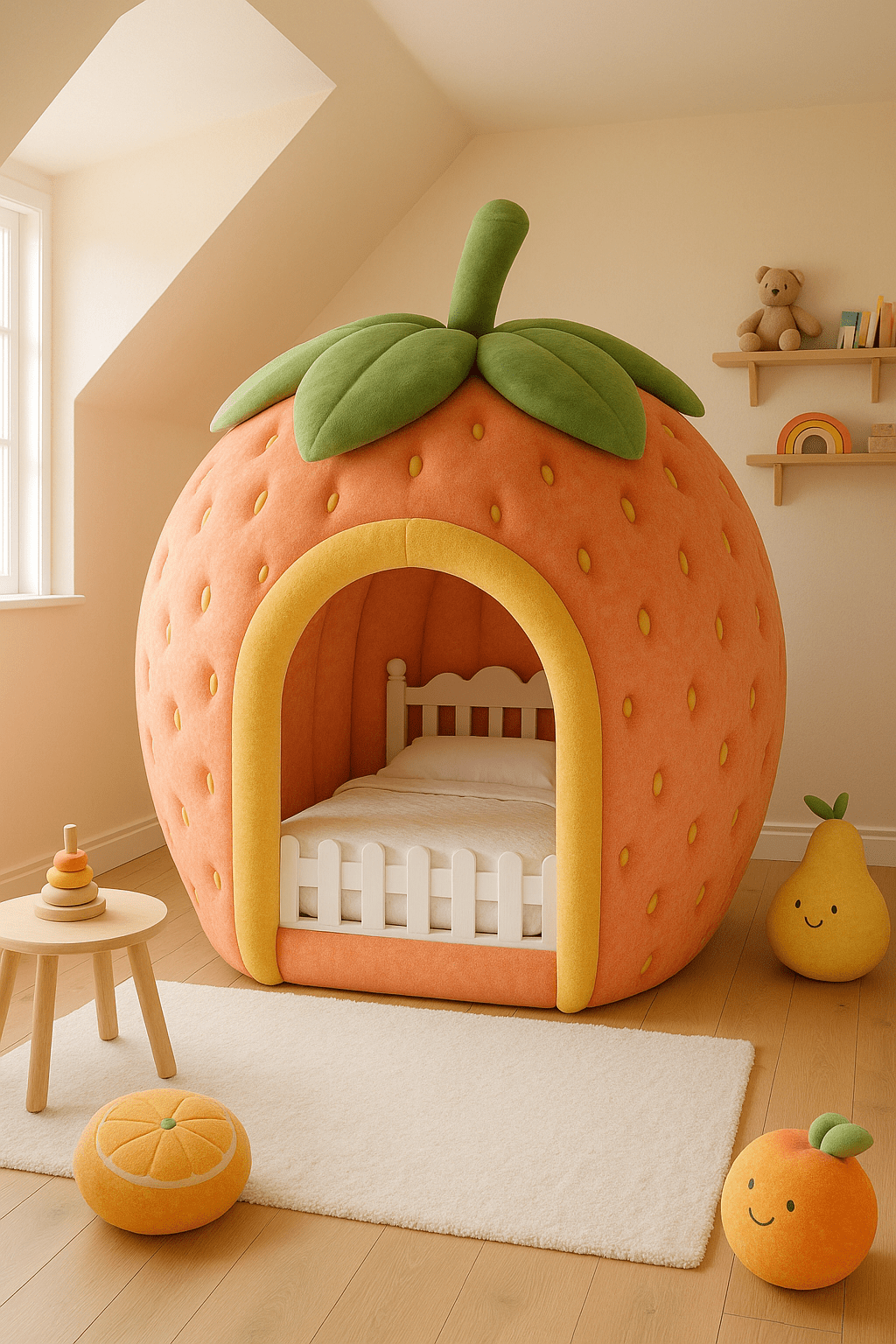 Strawberry-shaped kids' bed with green leaves and white picket-style frame in a playful bedroom