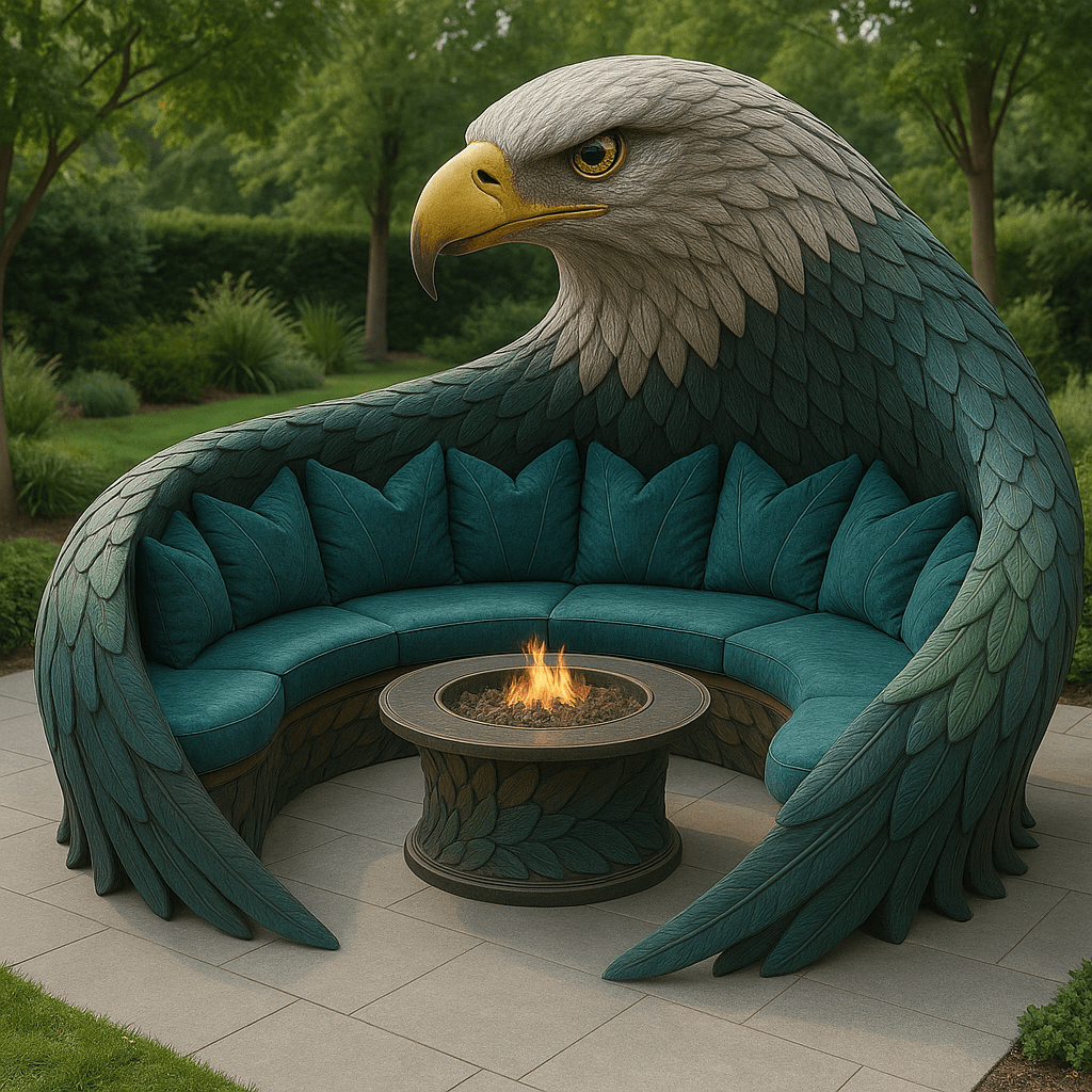 Outdoor eagle-themed green garden sofa with a central fire pit and teal cushions in a leafy garden.
