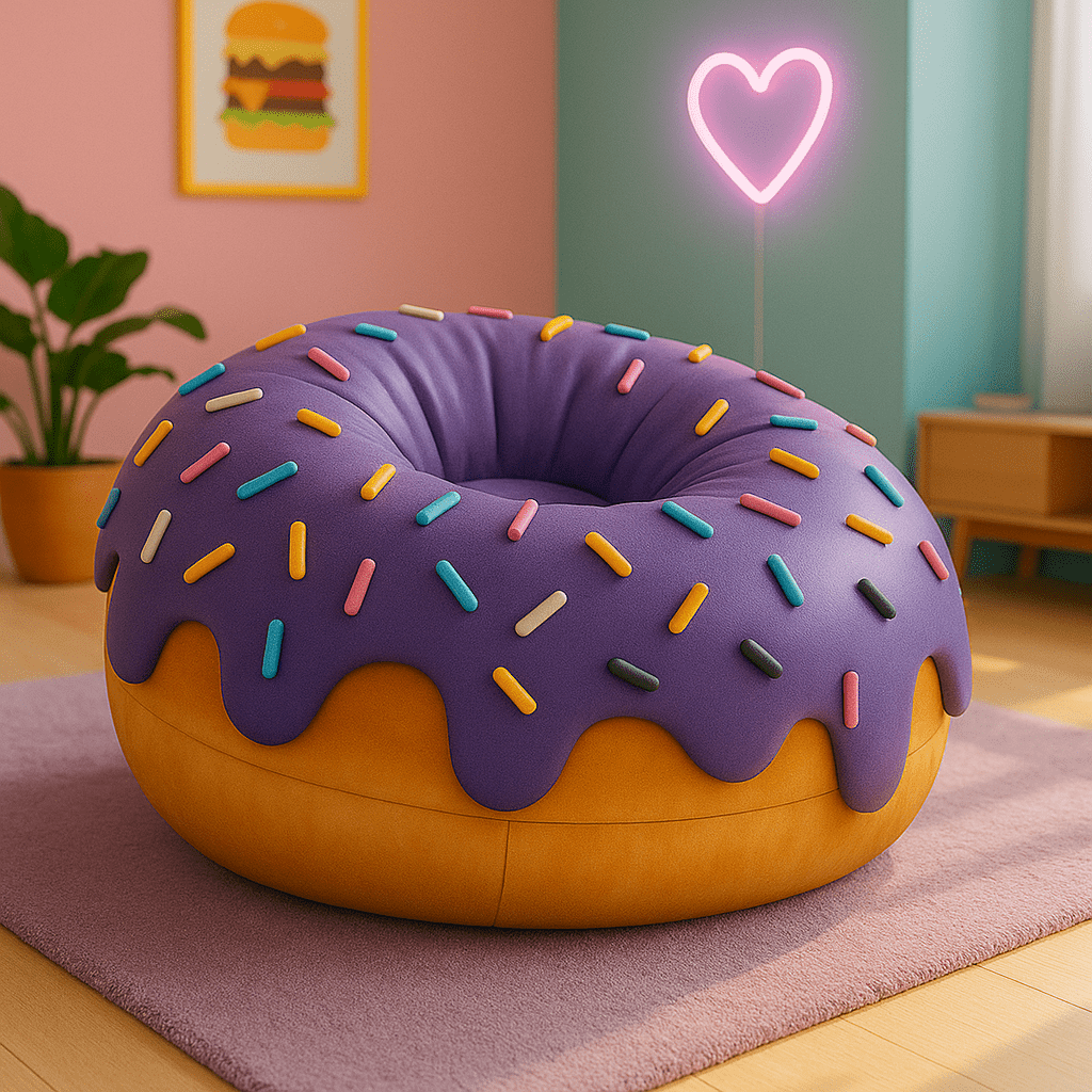 Purple frosted donut bean bag chair with colourful sprinkles in a cosy, modern room with neon heart light.
